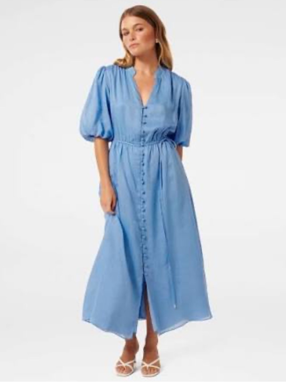 Ever New Petite Light Blue Puff Sleeve Midi Dress Tie waist blue size 10